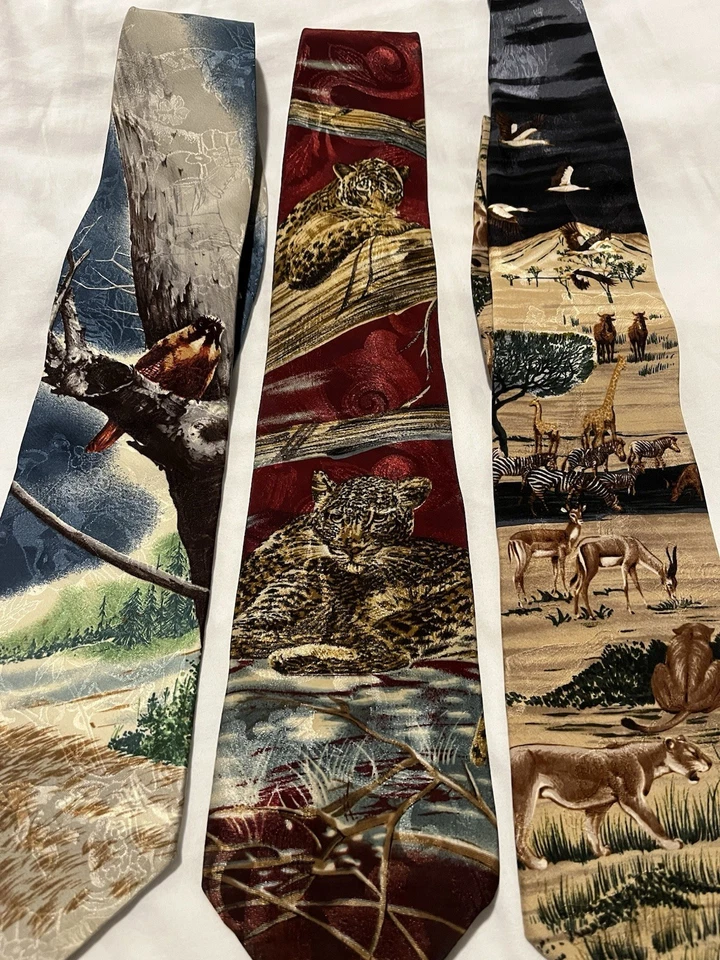 Lote de 3 gravatas 100% seda e poliéster 100% natureza fabricadas nos EUA espécies ameaçadas e vida selvagem - Imagem 1 de 4
