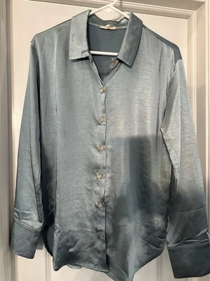 Blusa Mystree Satén/Azul Seda Mediana Manga Larga Elegante Foto 1 de 4