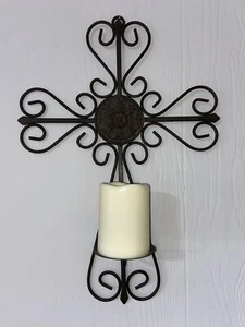 Vintage Iron Cross Wall Sconce Pillar Candle Holder 19.5" x 14" - Picture 1 of 4