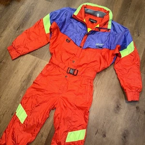Mens Ski Suit One Piece Snowsuit Vtg 80s Snow Bib Nevica Rainsuit Orange Medium - Picture 1 of 23