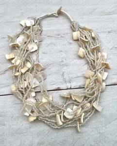 Halskette Collier Choker Perlmutt Muschel Statement natur/hellbeige 10-reihig - Bild 1 von 3