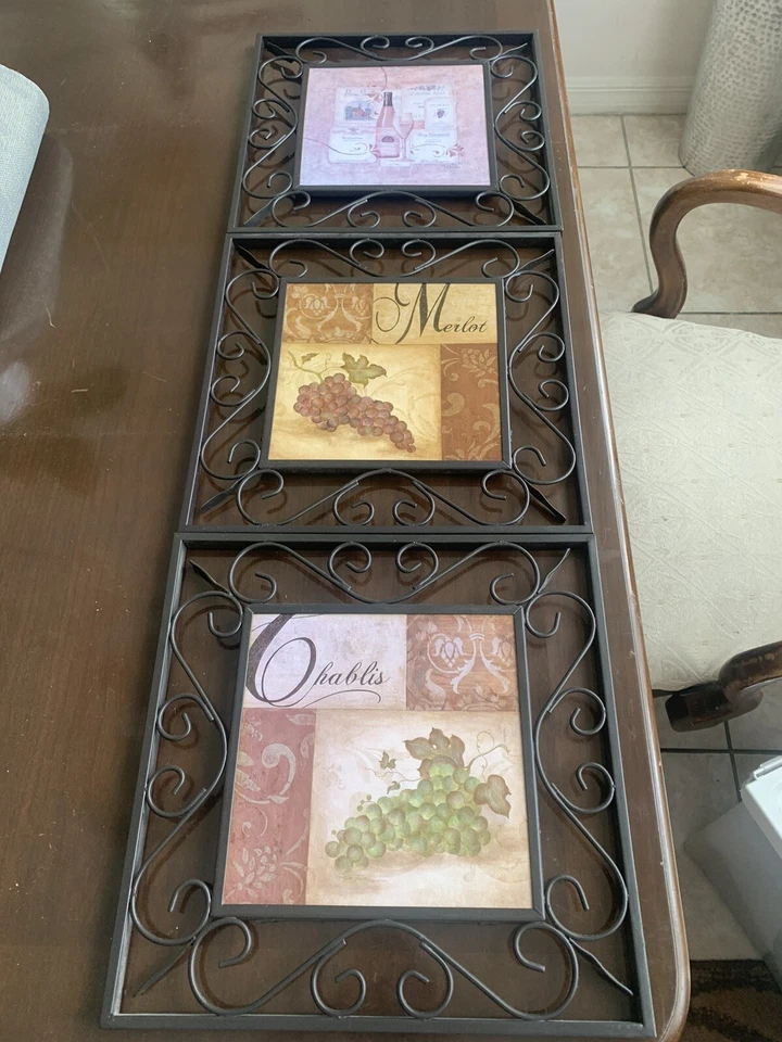 Wal Art лот из 3 / виноград и вино с металлическими рамами, 11 «x 11» каждый, подержанные. - Изображение 1 из 4