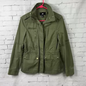H & M Jacket Military Green Utility Button Up Zip Pockets Cinch Waist Medium Siz - Picture 1 of 10