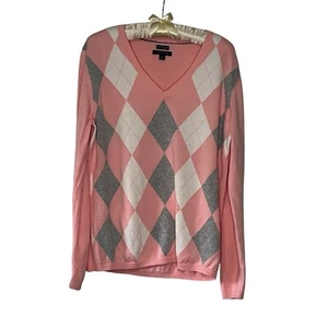 EUC Tommy Hilfiger 100% Pima Cotton Argyle V- Neck Sweater Size XL Pink & Gray - Picture 1 of 10