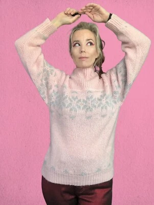 Suéter vintage anos 80/90 coelho de esqui quente rosa e prata mistura de lã floco de neve - Imagem 1 de 4