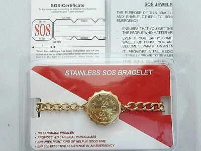 PULSERA SOS ACERO INOXIDABLE/INFORMACIÓN MÉDICA/EMERGENCIA/ALERTA ORO TALISMÁN Foto 1 de 3