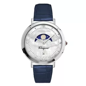 Salvatore Ferragamo Logomania Moon Phase Swiss Made 36mm Watch Navy Croc Leather - Picture 1 of 23