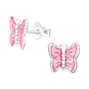 925 Sterling Silver Butterfly Pink Yellow Glitter Bead Kids Girls Stud Earrings