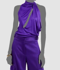 $1250 Versace Women's Purple Asymmetric Slashed Mock Neck Top Size 42 - Picture 1 of 2