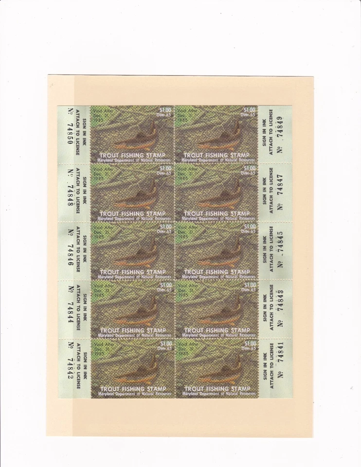 1985 Maryland Trout Stamp with Tabs #36 Senior Sheet of 10 - Image 1 of 1