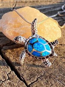 BLUE OPAL S925 Sterling Silver Sea Turtle Pendant with Box Chain - Picture 1 of 8
