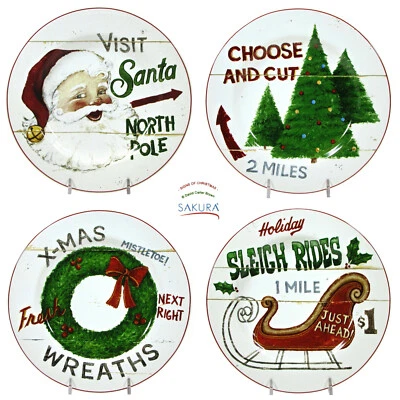 Sakura SIGNS OF CHRISTMAS 8.25" Dessert Plate Set 4Pc David Carter Brown NIB  - Image 1 of 4
