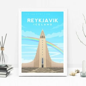 Reykjavik Art Print, Iceland Travel Poster, Hallgrimskirkja Illustration - Picture 1 of 6