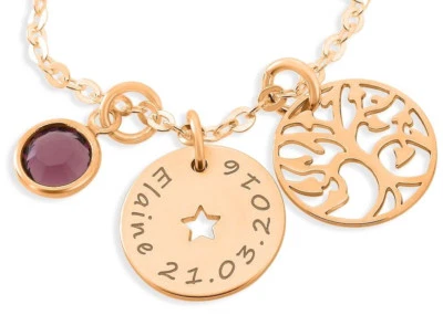 GALWANI Namenskette mit Gravur rosé vergoldet, Lebensbaum Anhänger