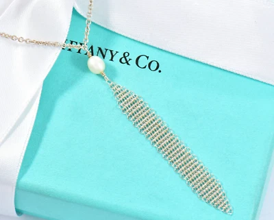 Tiffany & Co Silver Elsa Peretti Pearl Somerset Mesh Dangle Pendant Necklace Box - Image 1 of 4
