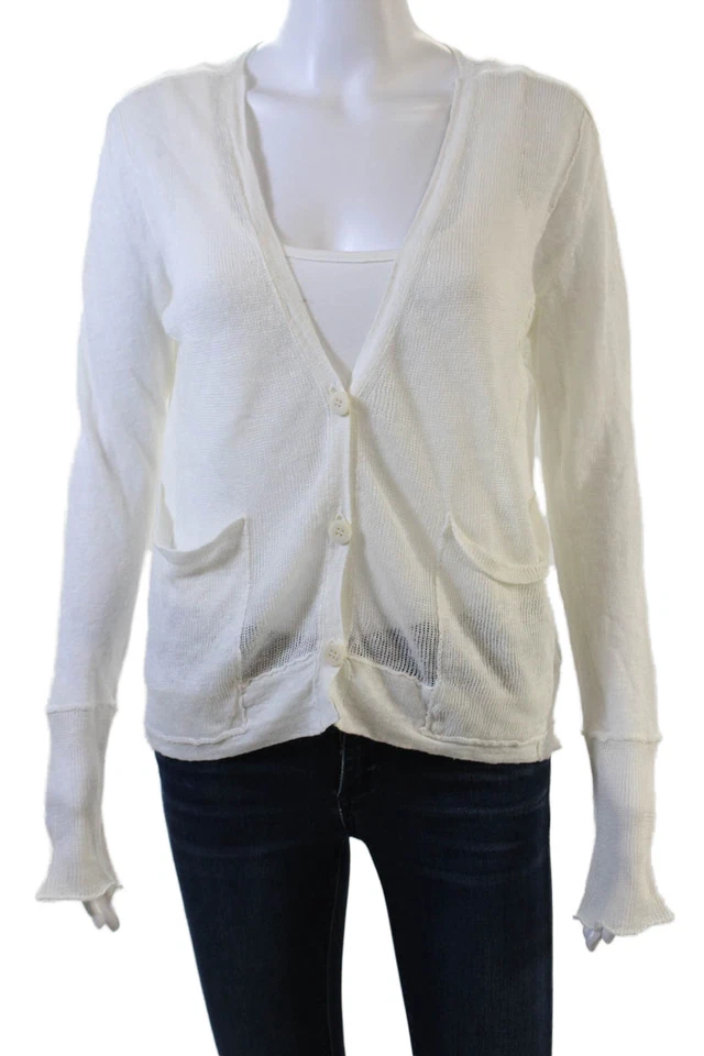 Cárdigan para mujer Inhabit blanco lino cuello en V botón manga larga talla S Foto 1 de 4