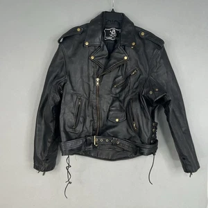 Chaqueta de cuero genuino JR para hombre grande negra motocicleta motociclista asimétrica con cinturón - Imagen 1 de 20