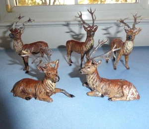 5 ANTIKE DEUTSCHE METALL RENTIER HIRSCHE STEHEND & LIEGEND mit BLEIGEWEIH - Bild 1 von 10