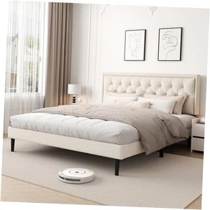 Size Platform Bed Frame with Upholstered Velvet Button Tufted King Beige - Picture 1 of 7