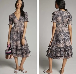 Anthropologie Hutch Adelia Ruffled Tiered Midi Dress Leopard Print A-Line Sz XL - Picture 1 of 16