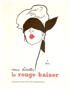 RENE GRUAU LE ROUGE BAISER blindfold 1970s POSTER 17.5×22 ON LINEN EXCELLENT - Picture 1 of 3