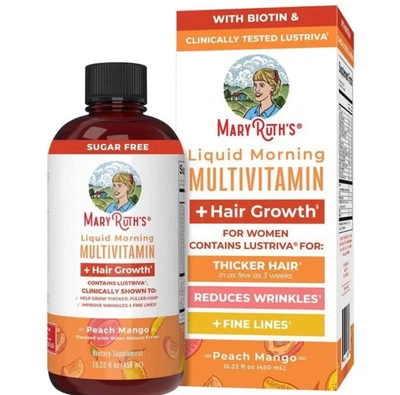 Multivitamínico líquido matutino + crecimiento del cabello, mango melocotón, 15,22 fl oz (450 ml) Foto 1 de 4