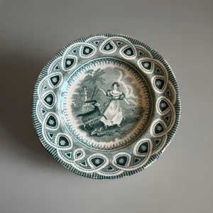 Antico piatto inglese CE&M in perle per bambini, raro modello ragazza capra, C1850 - Foto 1 di 4