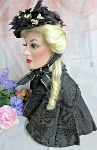 Civil War Antique Straw Bonnet Damask Cape Set Full circle with beading Handmade - Picture 1 of 23