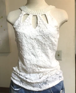 PAPAYA ärmelloses Top Tank Neckholder Halskette Perlen Spitze vorne Cut Out beige S - Bild 1 von 9