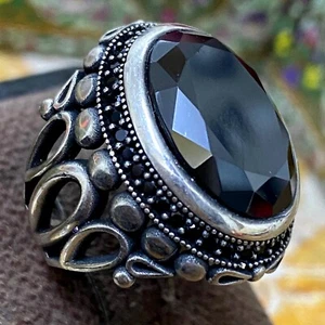 vintage 925 Sterling Silver ring Handmade Faceted Black Zircon Stone Men's Ring - Picture 1 of 12