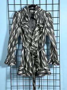 Peter Nygard Abstract Duster Jacket Womens 8 Petite Black Ruffled Belted - Picture 1 of 12