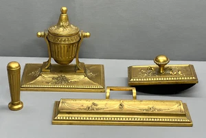 Antique Victorian French Gilt Brass Writing Desk Set Four Parts - Picture 1 of 13