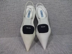 Prada Nylon Kitten Heel Logo Slingback Pumps Size 36.5 / 6 US White Black - Picture 1 of 11