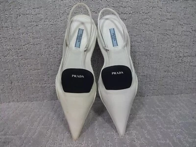 Prada Nylon Kitten Heel Logo Slingback Pumps Size 36.5 EU White Black - Image 1 of 4
