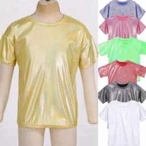Kids Boys Girls T-shirt Sparkly Jazz Dance Tops Athletic Shiny Sequin Blouse AU - Picture 1 of 58