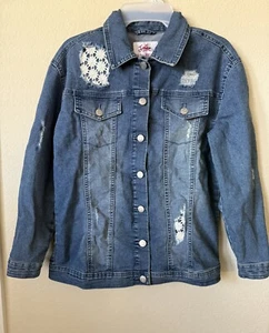 Justice Blue Collared Button Up Long Sleeve Distressed Denim Jacket Size 14/16 - Picture 1 of 4