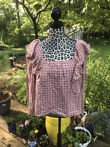 Top J.Crew in flanella collo quadrato con volant grande prateria cottage a quadri rosso mattone NUOVO - Foto 1 di 10