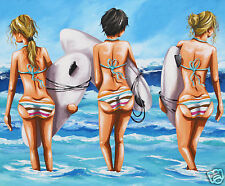art Surf Girls Surfing Boards Australia Beach  Andy Baker COA poster painting