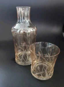 Vintage Champagne Colored Etched Wheat Tumble Up Carafe Decanter & Etched Glass - Picture 1 of 13