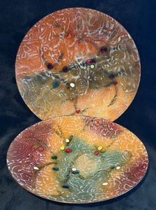 2 Vintage 2-seitige Emaille auf Kupfer 8,75" Teller abstrakte Farben gegen Orange - Bild 1 von 10