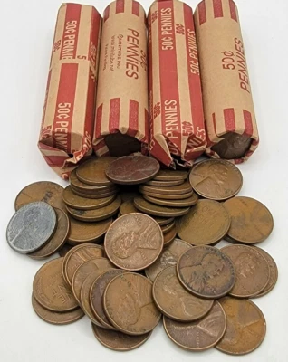 Unsearched Lincoln Wheat Cent Roll - 50 Pennies 1909-1958 P D S Steel - Penny - Image 1 of 2