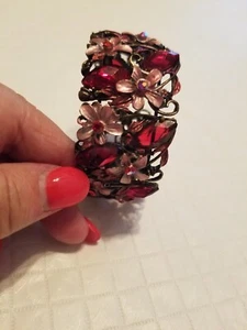 Pink Crystals And Flower Braclet 1 And1/2 Inch Wide Cuff - Picture 1 of 5