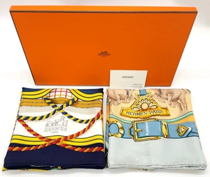 Auth Hermes Carré90 GRAND TENUE/CHEVAIIX DE TRAIT Silk Scarf Set2 W/Box SK030593 - Bild 1 von 22