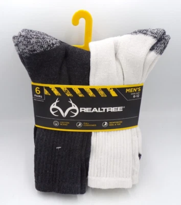 REALTREE Mens Socks Cushioned Boot Outdoor 6 Pack Shoe Size 6-12 Gray Black Whit - Image 1 of 4