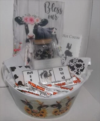 КОРОВА ведро подарок корзина кухни полотенце кофе стакан чашка солома какао конфеты кофе - Изображение 1 из 4