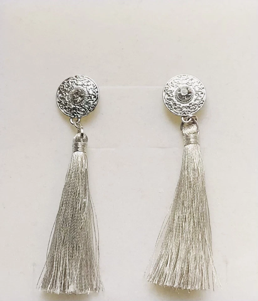 Stunning Statement Grey And Silver Drop Earrings With Tassels And A Twinkle.-) - Image 1 of 1