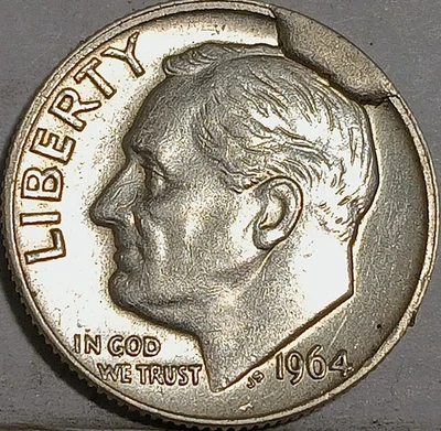 1964 d Roosevelt Silver Dime Error Obverse Die break 10c skull cap head rim Cud - Image 1 of 2