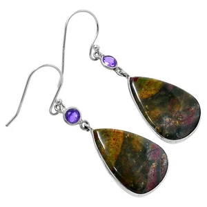 Blood Stone - India & Amethyst 925 Sterling Silver Earrings Jewelry E-1002 - Picture 1 of 5