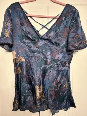 Ted Baker 100% Silk Satin Print Top BNWT Size 3 UK 12 Belt Collar Smart Casual - Image 1 of 4
