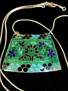 VINTAGE STERLINGSILBER CLOISONNE ANHÄNGER HALSKETTE - Bild 1 von 13